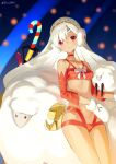  1girl altera_(fate) altera_the_santa_(fate) bangs bare_shoulders blush bra breasts candy candy_cane choker collarbone dark_skin dark-skinned_female earmuffs fate/grand_order fate_(series) food full_body_tattoo highres looking_at_viewer open_mouth red_bra red_eyes sheep short_hair small_breasts staff tattoo thighs underwear veil white_hair white_mittens zenshin 