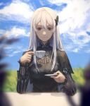  1girl absurdres bangs black_capelet black_dress blue_sky blurry blurry_foreground capelet closed_mouth clouds cup dress echidna_(re:zero) eyebrows_visible_through_hair hair_between_eyes hair_ornament highres holding holding_cup long_hair long_sleeves looking_at_viewer re:zero_kara_hajimeru_isekai_seikatsu red_eyes signature silver_hair sitting sky smile solo table teacup upper_body very_long_hair zieru 