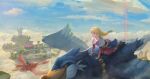  1boy 1girl above_clouds bangs beak blonde_hair blue_eyes blue_sky blunt_bangs clouds floating_island floating_rock flying link loftwing long_hair low-tied_long_hair open_mouth pointy_ears princess_zelda riding scenery sky smile statue the_legend_of_zelda the_legend_of_zelda:_skyward_sword water waterfall wings yagaminoue 