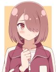  1girl bangs blush border breasts brown_hair clenched_hand closed_mouth collarbone commentary disconnected_mouth eyebrows_visible_through_hair frown hair_over_one_eye hand_up highres hoshino_miyako_(wataten) jacket long_sleeves looking_at_viewer outside_border red_eyes red_jacket shirt short_hair simple_background solo sweatdrop track_jacket upper_body watashi_ni_tenshi_ga_maiorita! white_border white_shirt yellow_background zeta_(24904340) zipper_pull_tab 