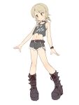  1girl bare_arms bare_shoulders belt belt_buckle black_belt black_collar black_footwear black_shorts black_tank_top blush boots brown_eyes brown_hair buckle chain closed_mouth collar cosplay cosplay_request full_body fur-trimmed_shorts fur_trim idolmaster idolmaster_cinderella_girls looking_away midriff morikubo_nono navel ringlets short_shorts shorts simple_background solo tank_top uccow watch watch white_background 