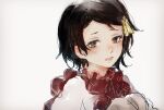  0229661 1girl ann_magnolia bangs black_hair blush child commentary dress frilled_dress frills hair_ornament hair_ribbon highres looking_at_viewer nose_blush open_mouth ribbon short_hair simple_background solo upper_body violet_evergarden white_background yellow_ribbon 