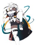  1girl absurdres bandaged_arm bandages bike_shorts breasts clenched_hands dark_skin dark-skinned_female detached_sleeves facing_viewer hair_between_eyes highres large_breasts orange_eyes original short_hair solo standing standing_on_one_leg sub-res thigh-highs white_hair white_legwear 