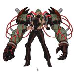  absurdres apoloniodraws armored_boots belt ben_10 blood_vessels boots genderswap genderswap_(mtf) green_hair highres leotard looking_at_viewer mask muscular muscular_female pantyhose red_eyes shorts vilgax weapon weapon_on_back 