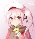  1girl black_ribbon brown_scarf closed_mouth commentary dated flower food hair_between_eyes hair_flower hair_ornament hand_up harusame_(kancolle) hat highres holding holding_food kantai_collection klaius looking_at_viewer neck_ribbon one_side_up pink_background pink_eyes pink_flower pink_hair pink_shirt ribbon scarf shirt signature smile solo sweet_potato twitter_username white_headwear 