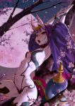  1girl absurdres arched_back armpits arms_up breasts cherry_blossoms disto eyeshadow fate/grand_order fate_(series) full_moon gourd headpiece highres horns in_tree makeup moon navel night oni oni_horns open_mouth petals pink_moon purple_hair revealing_clothes short_hair shuten_douji_(fate) signature sitting sitting_in_tree skin-covered_horns small_breasts solo tongue tongue_out tree violet_eyes wide_sleeves 