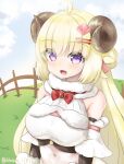  1girl :d absurdres ahoge bare_shoulders blonde_hair blush braid breasts curled_horns dated detached_sleeves elbow_gloves fence french_braid fur_collar gloves grass hair_ornament hairclip hairpin highres hololive horns klaius large_breasts long_hair looking_at_viewer open_mouth short_sleeves smile solo tsunomaki_watame twitter_username upper_body violet_eyes virtual_youtuber wooden_fence 