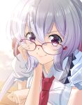  1girl absurdres bag closed_mouth collared_shirt eyebrows_visible_through_hair glasses hair_between_eyes head_rest highres long_hair looking_over_eyewear necktie nyanmaru red-framed_eyewear red_neckwear senki_zesshou_symphogear shiny shiny_hair shirt short_sleeves silver_hair smile solo white_shirt wing_collar yukine_chris 