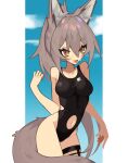  1girl absurdres animal_ear_fluff animal_ears breasts brown_eyes clenched_hand clothing_cutout clouds collarbone competition_swimsuit fang ghost_(tama) grey_hair hair_between_eyes highres medium_breasts navel navel_cutout one-piece_swimsuit open_hand open_mouth original sky solo swimsuit tail thigh_strap v-shaped_eyebrows wolf_ears wolf_girl wolf_tail 