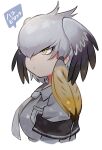  1girl bird_girl bird_wings blonde_hair commentary_request elbow_gloves eyebrows_visible_through_hair gloves grey_gloves grey_hair grey_neckwear grey_shirt hair_tie head_wings kemono_friends multicolored_hair necktie shirt shoebill_(kemono_friends) short_hair short_sleeves solo suicchonsuisui uniform wings yellow_eyes 