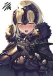  1girl armor armored_dress black_dress blonde_hair breasts dragon dress eyebrows_visible_through_hair fate/grand_order fate_(series) gauntlets headpiece heirou highres jeanne_d&#039;arc_(alter)_(fate) jeanne_d&#039;arc_(fate)_(all) open_mouth petting short_hair upper_body yellow_eyes 