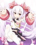  1girl absurdres animal_ears azur_lane black_choker black_ribbon black_skirt bow choker dated detached_sleeves double-breasted eyebrows_visible_through_hair hair_bow hairband heart highres klaius laffey_(azur_lane) laffey_(halfhearted_bunny_idol)_(azur_lane) long_sleeves looking_at_viewer miniskirt pantyhose parted_lips pink_footwear rabbit_ears red_eyes red_hairband ribbon ribbon_choker shoe_bow shoes sitting skirt solo twintails twitter_username white_hair white_legwear 
