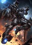  arm_cannon blue_eyes clenched_hand english_commentary firing flying glowing glowing_eyes highres jessada-art looking_to_the_side mecha no_humans open_hand original solo_focus weapon 