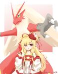  1girl absurdres blaziken blonde_hair crossover dated detached_sleeves gen_3_pokemon granblue_fantasy hair_ribbon hand_up hat hat_feather highres holding holding_poke_ball klaius long_hair long_sleeves looking_at_viewer mahira_(granblue_fantasy) parted_lips pointy_ears poke_ball poke_ball_(basic) pokemon pokemon_(creature) red_eyes red_headwear red_ribbon ribbon standing twitter_username 
