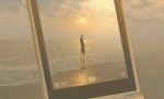  beach character_request clouds hair_bun highres horizon jujutsu_kaisen reflection soaking_feet solo standing water wide_shot yomoya_oc10 