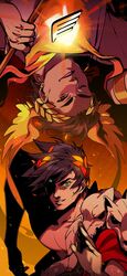  2boys artist_name black_hair brown_eyes earrings greek_clothes green_eyes hades_(game) head_wings hermes_(hades) highres jewelry laurel_crown male_focus mk/ret multiple_boys one_eye_closed orange_scarf running scarf single_bare_shoulder skull smile sweat upside-down zagreus_(hades) 