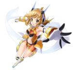  1girl absurdres armored_boots armpits bike_shorts blodne_hair boots breasts breasts_apart brown_eyes clothing_cutout elbow_gloves floating_hair full_body gloves headphones highres knee_boots long_hair medium_breasts midriff navel nyanmaru open_mouth orange_shorts outstretched_arms outstretched_hand senki_zesshou_symphogear shiny shiny_hair short_shorts shorts simple_background sleeveless solo stomach stomach_cutout tachibana_hibiki_(symphogear) v-shaped_eyebrows white_background white_gloves 