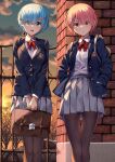  2girls :d bag blue_eyes blue_hair blue_jacket blush bow bowtie closed_mouth eyebrows_visible_through_hair eyes_visible_through_hair hair_ornament hair_over_one_eye hairclip hands_in_pockets highres holding holding_bag jacket kiona_(giraffe_kiona) looking_at_viewer multiple_girls open_mouth outdoors pantyhose pink_hair pleated_skirt ram_(re:zero) re:zero_kara_hajimeru_isekai_seikatsu red_bow red_eyes red_neckwear rem_(re:zero) school_bag school_uniform short_hair siblings sisters skirt smile twins x_hair_ornament 