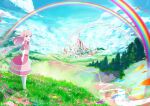  1girl :d blue_bow blush bow castle clouds cloudy_sky commentary day dress field floating_hair flower flower_field flower_request frilled_dress frills grass hair_bow itouchaba kneehighs long_hair looking_back open_mouth original outdoors petals pink_capelet pink_dress pink_eyes pink_hair rainbow river scenery sky smile solo standing stream tree white_legwear wind 