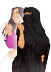  black_dress bracelet breasts brown_hair come_hither dress hand_on_hip highres jewelry large_breasts long_hair looking_at_viewer niqab original pants purple_shirt ring shirt signature smile white_pants zephyr_aile 
