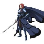  1girl apoloniodraws armor armored_boots boots braid brown_eyes brown_hair brown_pants cape floating_cape gauntlets greaves hand_on_hip highres holding holding_sword holding_weapon knight looking_afar pants personification red_eyes redhead simple_background sword weapon white_background 