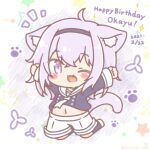  1girl ;3 ;d \o/ ahoge animal_ear_fluff animal_ears arms_up artist_name bangs birthday black_hairband blush_stickers cat_day cat_ears cat_girl cat_tail character_name chibi commentary_request crop_top crossed_bangs dated eyebrows_visible_through_hair fang full_body hairband happy_birthday highres hololive legs_up long_sleeves looking_at_viewer medium_hair midriff mitarashi_neko navel necktie nekomata_okayu one_eye_closed open_mouth outstretched_arms paw_print purple_hair sailor_collar shorts smile solo star_(symbol) tail violet_eyes virtual_youtuber white_neckwear white_shorts 