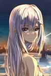  1girl bangs bare_shoulders blurry blurry_background blush breasts character_request check_character closed_mouth diffraction_spikes emilia_(re:zero) eyebrows_visible_through_hair from_behind hair_between_eyes hair_ornament hand_on_own_chest highres kiona_(giraffe_kiona) long_hair looking_at_viewer looking_back outdoors pointy_ears re:zero_kara_hajimeru_isekai_seikatsu silver_hair sky smile solo upper_body violet_eyes 