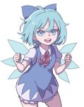  1girl absurdres bangs blue_bow blue_dress blue_eyes blue_hair bow cirno clenched_hands collared_shirt cowboy_shot dress eyebrows_behind_hair hair_bow highres ice ice_wings kame_(kamepan44231) looking_at_viewer neck_ribbon open_mouth puffy_short_sleeves puffy_sleeves red_neckwear red_ribbon ribbon shirt short_hair short_sleeves simple_background smile solo standing touhou white_background white_shirt wings 