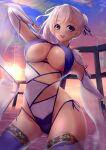  1girl ass_visible_through_thighs asymmetrical_hair bangs bare_shoulders blue_bow blue_eyes blue_legwear blue_ribbon blue_swimsuit bow bow_swimsuit breasts bridal_gauntlets bun_cover fate/grand_order fate_(series) highleg highleg_swimsuit highres miyamoto_musashi_(fate) miyamoto_musashi_(swimsuit_berserker)_(fate) ocean pink_hair ribbon swimsuit thigh-highs thighs water 