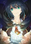  1boy bangs blue_hair character_request closed_mouth collarbone copyright_request green_eyes highres holding looking_at_viewer makinan necktie orange_neckwear outstretched_arms short_hair sky smile solo star_(sky) star_(symbol) star_print star_trail starry_sky upper_body 