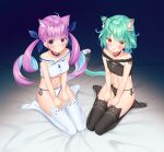  2girls ahoge animal_ears black_bra black_legwear black_panties blue_choker bra braid breasts cat_ear_panties cat_ears cat_girl cat_tail choker extra_ears flat_chest frilled_bra frills green_hair hair_ribbon highres hololive k_mugura kemonomimi_mode long_hair looking_at_viewer medium_breasts medium_hair minato_aqua multicolored_hair multiple_girls navel panties parted_lips purple_hair red_choker red_eyes ribbon side-tie_panties sitting stomach streaked_hair string_panties tail thigh-highs thighs twintails underwear underwear_only uruha_rushia violet_eyes virtual_youtuber wariza white_bra white_legwear white_panties 