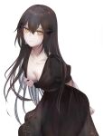  1girl arm_behind_back black_dress black_hair breasts closed_mouth collarbone dandelion_(girls_frontline) dress girls_frontline hair_between_eyes highres leaning_forward long_hair looking_at_viewer medium_breasts ru_zhai short_sleeves simple_background smile solo white_background yellow_eyes 