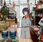  1girl bangs black_hair cup door feet_out_of_frame grey_shirt grey_shorts gumi. highres indoors long_sleeves original reflection shirt short_hair shorts smile solo standing taiwan teapot 