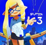  1girl :d arm_behind_back asymmetrical_hair bangs bike_shorts blonde_hair blue_sky blunt_bangs bow_(weapon) bright_pupils clear_sky day domino_mask eyebrows_behind_hair eyes_visible_through_hair facing_viewer fangs hc2002 highres inkling long_hair looking_at_viewer mask no_nose octopus open_mouth outdoors pointy_ears shirt skin_fangs sky smile solo splatoon_(series) splatoon_3 squid t-shirt tentacle_hair torn_clothes torn_shirt weapon white_pupils white_shirt yellow_eyes 