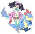  1girl :d black_eyes black_hair blue_bow blue_legwear blue_ribbon bow commentary_request croconaw detached_sleeves dress drill_hair elbow_gloves fang garuru_(pripara) gen_2_pokemon gloves green_eyes headband open_mouth orihika pink_bow pink_dress pink_gloves pokemon pokemon_(creature) pokemon_egg pretty_(series) pripara puffy_shorts puffy_sleeves red_eyes ribbon shoes shorts simple_background smile standing thigh-highs totodile white_background 