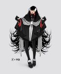  apoloniodraws black_footwear black_hair black_pants commission genderswap genderswap_(mtf) highres jacket long_hair marvel pants sharp_teeth spider-man_(series) teeth tongue tongue_out venom_(marvel) white_eyes zipper 