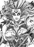  1girl apoloniodraws armor breasts darksiders eyes facial_tattoo greyscale highres lineart lips looking_at_viewer monochrome tattoo weapon whip_sword 