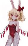  1girl absurdres alternate_wings animal_ears arm_at_side arm_behind_back bare_shoulders blonde_hair blush bow breasts collarbone contrapposto covered_navel fake_animal_ears fishnet_legwear fishnets flandre_scarlet groin hand_on_hip highres legs_apart leotard looking_at_viewer medium_hair one_side_up playboy_bunny pointy_ears rabbit_ears red_bow red_eyes red_leotard reddizen simple_background slit_pupils small_breasts smile solo standing strapless strapless_leotard touhou wavy_hair white_background wings 