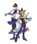  2boys back-to-back black_hair blonde_hair blue_eyes boots brown_hair floating_clothes highres jacket jacket_on_shoulders kaiba_seto male_focus multicolored_hair multiple_boys purple_hair spiky_hair standing tom_liu white_background white_jacket yami_yuugi yu-gi-oh! 