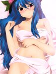  1girl :&gt; bangs bare_shoulders black_headwear blue_hair blush breasts closed_mouth collarbone commentary_request eyebrows_visible_through_hair food fruit groin hair_between_eyes hand_up hat hinanawi_tenshi long_hair looking_at_viewer lying medium_breasts navel nose_blush on_back on_bed peach red_eyes solo touhou upper_body very_long_hair yadokari_genpachirou 