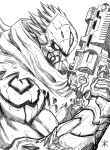 apoloniodraws arm_up armor darksiders greyscale gun highres holding holding_weapon lineart mask monochrome pointy_hair scarf signature weapon 