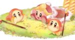  aisu_prpr cape cosplay flower grass hat king_dedede king_dedede_(cosplay) kirby kirby_(series) looking_at_another polearm red_cape red_headwear smile spear waddle_dee weapon white_trim 