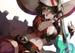  1girl belt black_hair fingerless_gloves glasses gloves guilty_gear guilty_gear_strive guitar hat highres i-no instrument jacket looking_at_viewer midriff motoaki red_jacket short_hair shorts thigh-highs witch_hat 