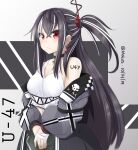  1girl azur_lane bandaged_hands bandages black_choker breasts character_request choker closed_mouth cross_choker dated green_pants grey_hair grey_jacket highres iron_cross jacket klaius large_breasts long_hair looking_at_viewer multicolored_hair off_shoulder one_side_up pants red_eyes solo streaked_hair twitter_username u-47_(azur_lane) v_arms 