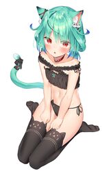  1girl animal_ears black_bra black_legwear black_panties bra cat_ear_panties cat_ears cat_girl cat_tail choker flat_chest frilled_bra frills green_hair highres hololive k_mugura kemonomimi_mode looking_at_viewer medium_hair navel panties parted_lips red_choker red_eyes side-tie_panties sitting solo stomach string_panties tail thigh-highs thighs underwear underwear_only uruha_rushia virtual_youtuber wariza 