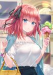  1girl bag bangs black_ribbon black_skirt blue_eyes blue_jacket blush breasts closed_mouth collarbone commentary_request day eyebrows_visible_through_hair food go-toubun_no_hanayome hair_ribbon hakuda_tofu hands_up highres holding holding_food ice_cream ice_cream_cone jacket jacket_on_shoulders looking_at_viewer medium_breasts nakano_nino off-shoulder_shirt off_shoulder outdoors redhead ribbon shirt skirt solo two_side_up white_shirt 