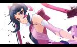  1girl black_border black_hair border bruise bruise_on_face closed_mouth detached_sleeves flat_chest frown hair_intakes headphones headset injury letterboxed nyanmaru pink_sleeves red_eyes senki_zesshou_symphogear shiny shiny_hair short_hair_with_long_locks sidelocks solo torn_clothes torn_sleeves tsukuyomi_shirabe upper_body white_background 