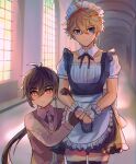  2boys alternate_costume apron bangs black_gloves black_legwear blue_eyes brown_hair child closed_mouth collarbone collared_shirt dress earrings enmaided eyebrows_visible_through_hair formal frilled_apron frilled_cuffs frilled_dress frilled_sleeves frills genshin_impact gloves hair_between_eyes hallway higherrisk holding_another&#039;s_arm jewelry long_hair long_sleeves looking_at_viewer maid maid_apron maid_headdress male_focus multiple_boys necktie orange_hair ponytail puffy_sleeves ribbon shirt short_hair single_earring skirt suit tartaglia_(genshin_impact) tassel tassel_earrings thigh-highs thighs victorian_maid waist_apron window wrist_cuffs yellow_eyes younger zhongli_(genshin_impact) 