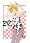  1girl 2021 absurdres ahoge animal_print arms_up artist_name ass_visible_through_thighs bangs bare_shoulders bell black_border blonde_hair border breasts commentary_request cow_horns cow_print cowboy_shot eyebrows_visible_through_hair grey_legwear hands_on_own_head highres horns kusano_kouichi leotard looking_at_viewer neck_bell new_year oniichan_no_koto_nanka_zenzen_suki_janain_dakara_ne!! open_mouth outside_border pantyhose playboy_bunny print_leotard short_hair side-tie_leotard small_breasts smile solo standing takanashi_nao white_leotard wrist_cuffs 