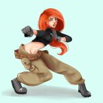  1girl aqua_background baggy_pants belt boots cargo_pants crop_top gloves green_eyes impossible_pants kim_possible kimberly_ann_possible loose_belt loose_pants midriff navel pants pose red_lips redhead shycatgirl turtleneck 